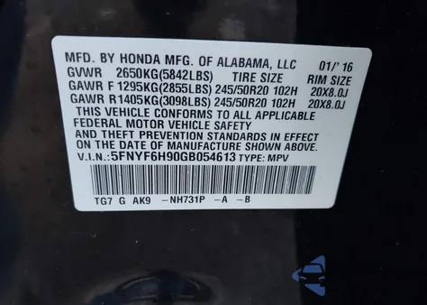 2016 Honda Pilot Touring z USA, uszkodzony, nr VIN 5FNYF6H90GB054613